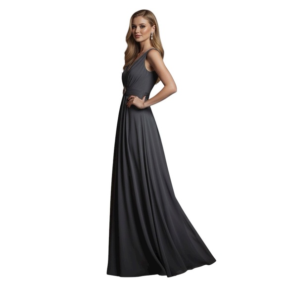 Eliza J Formal Long Dress Gray Sleeveless V-Neck Glam Gown Brooch Detail Size 4 - Picture 2 of 10